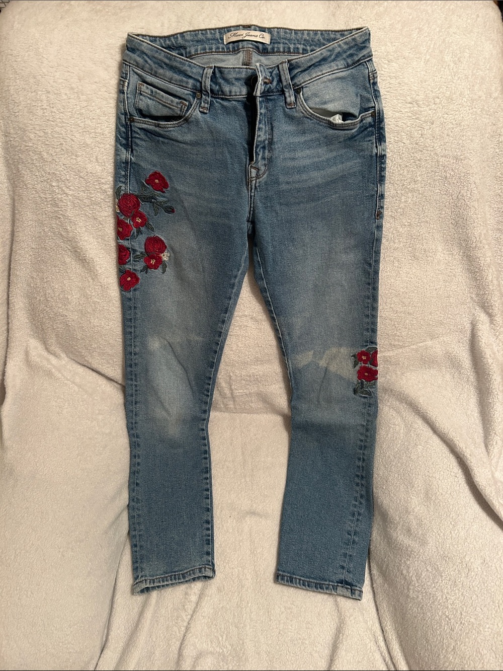 Embroidered Red Floral Skinny Jeans - Women